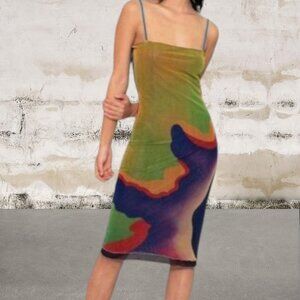 Expired Girl Colorful Mesh Spaghetti Strap Midi Dress for Cocktail Size Small